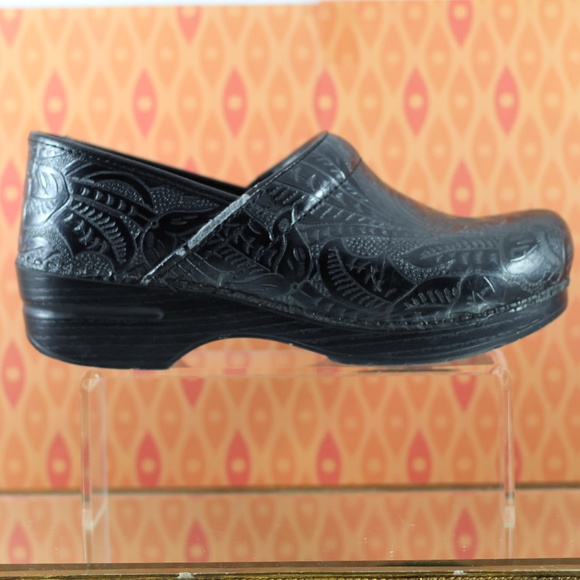 Dansko Black Leather Tooled Clogs - Picture 5 of 16
